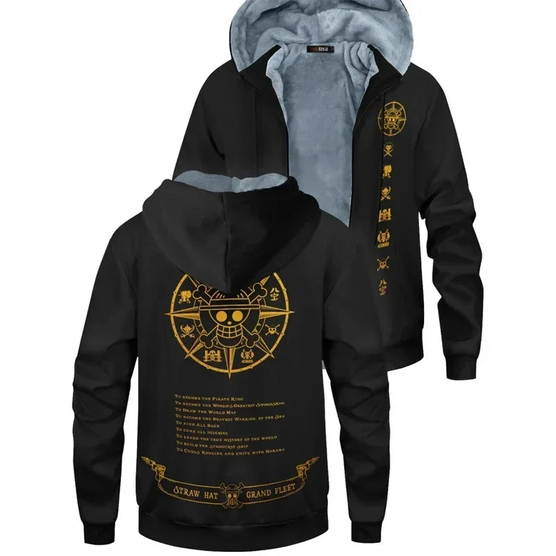 ONE PIECE Zoro Luffy Men Hoodies Anime Printed Hooded Sweatshirts Y2K Streetwear Hip Hop Thickened Zipper Up Loose Jacket Coats